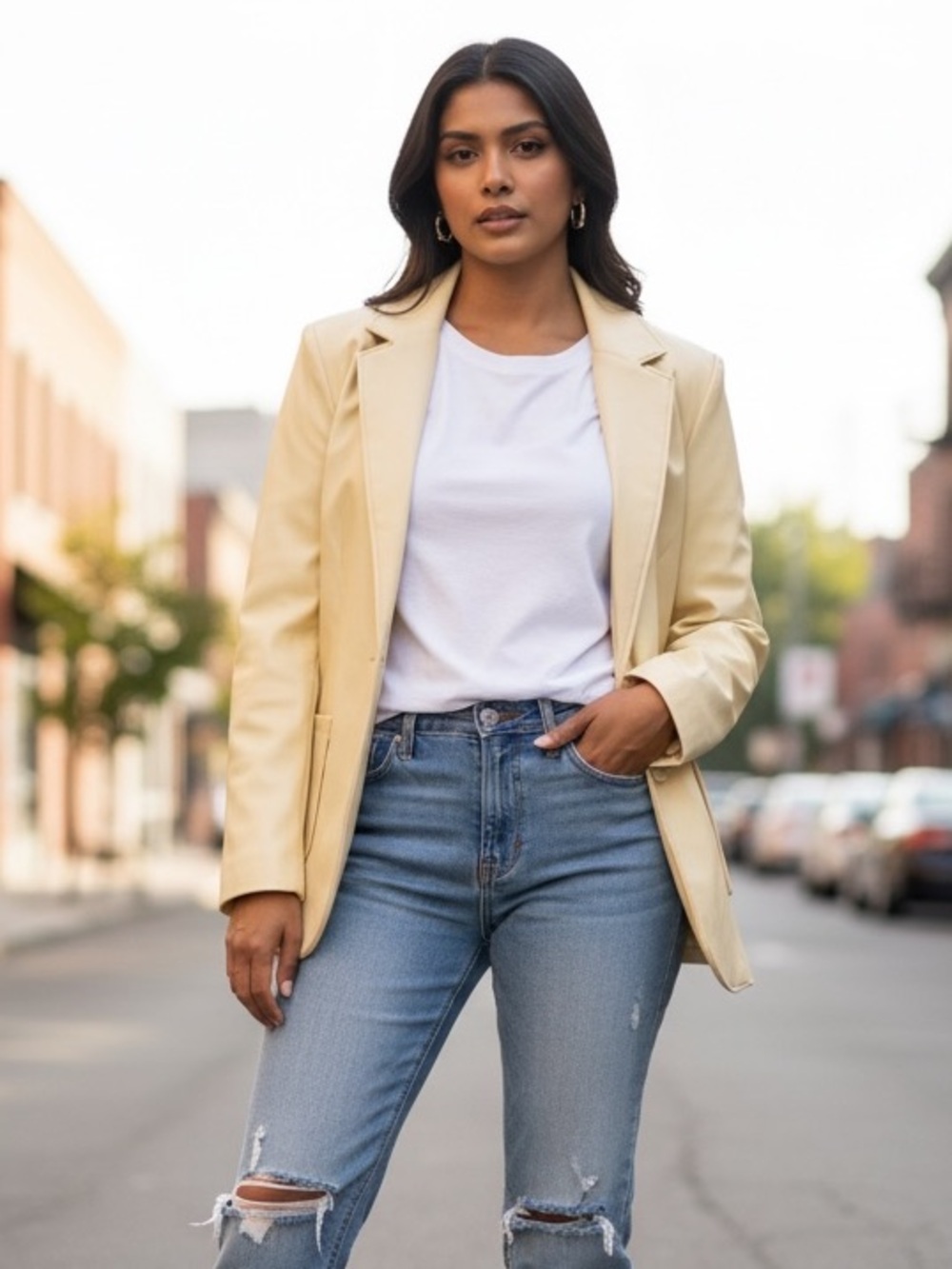 By Anthropologie Faux Leather Blazer in ivory size 3X